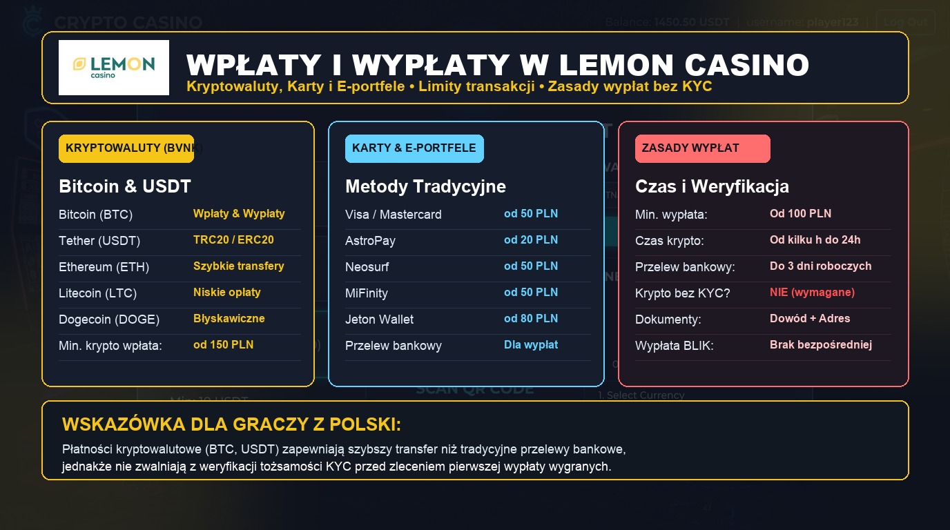 Metody płatności, wpłaty i wypłaty w Lemon Casino